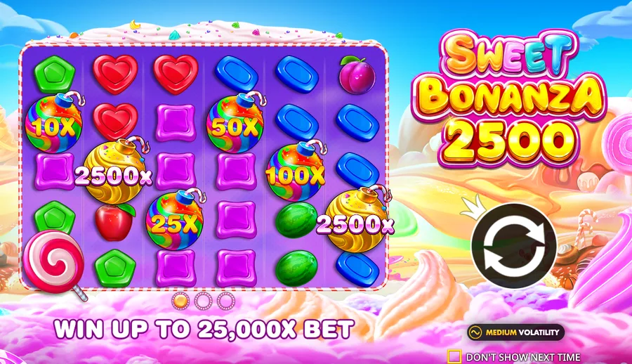 Sweet Bonanza 2500 intro splash showing WIN UP TO 25,000X BET with candy bombs marked 10X, 25X, 50X, 100X and 2500X