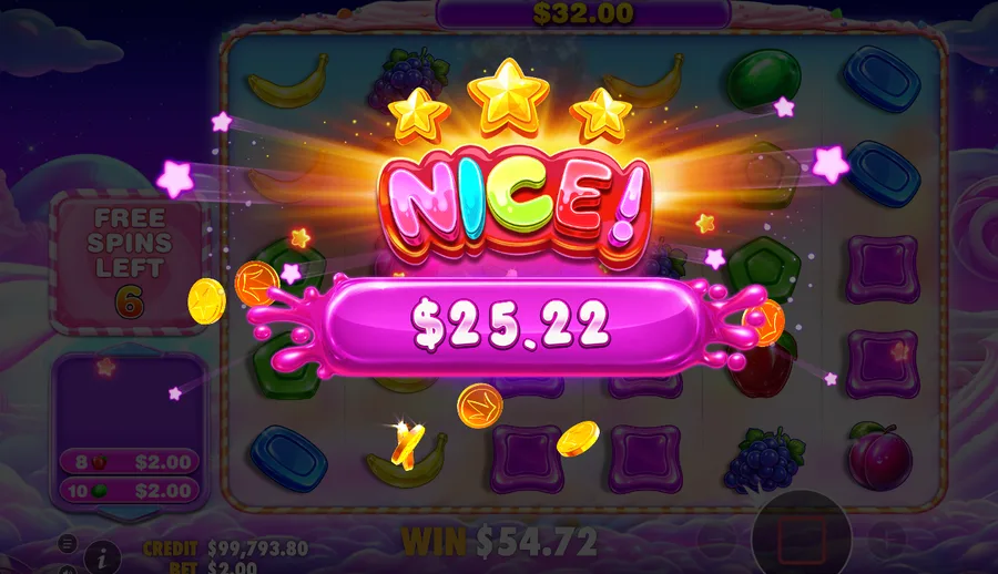 Sweet Bonanza 2500 free spins celebration screen reading NICE with a running win of 25.22 dollars