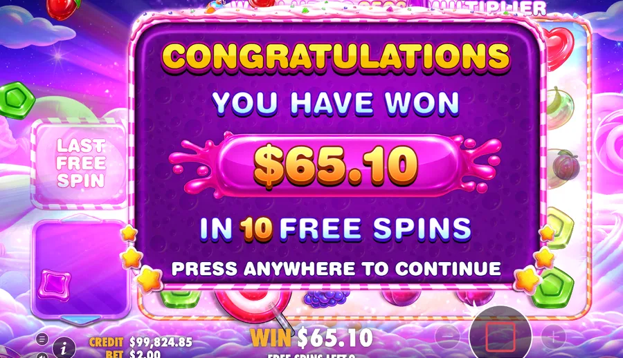 Sweet Bonanza 2500 free-spins end screen reading CONGRATULATIONS YOU HAVE WON $65.10 IN 10 FREE SPINS