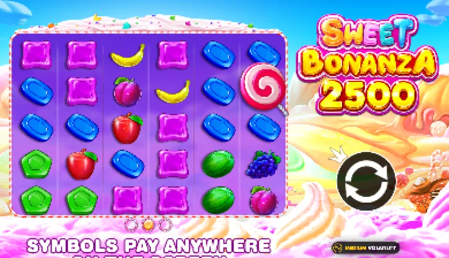 Sweet Bonanza 2500 base grid with the SYMBOLS PAY ANYWHERE label and the game logo
