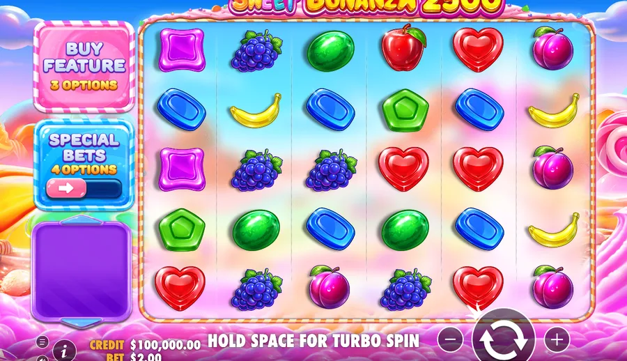 Sweet Bonanza 2500 base-game 6x5 grid of fruits and hard candies with the buy feature and special bets side panels