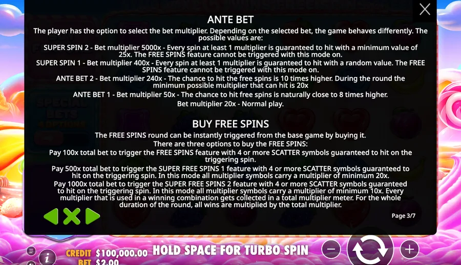 Sweet Bonanza 2500 Ante Bet and Special Bets rules panel showing Ante Bet 1 and 2, Super Spin and Buy Free Spins text