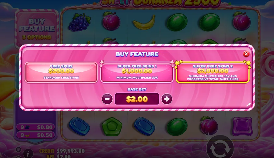 Sweet Bonanza 2500 buy feature panel open showing the three buy tiers standard, super 1 and super 2 with prices at a 2 dollar bet